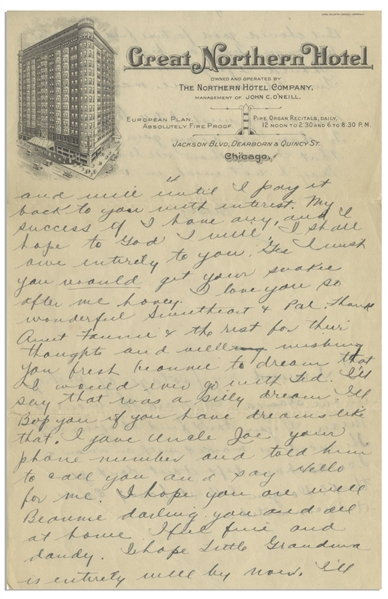 Moe Howard Handwritten Poem & Partial Letter, Twice Signed ''Mosey'' to Helen, Circa 1924 -- Mentioning Ted Healy -- 4pp. on Two 6'' x 9.5'' Sheets of Chicago Hotel Stationery -- Very Good